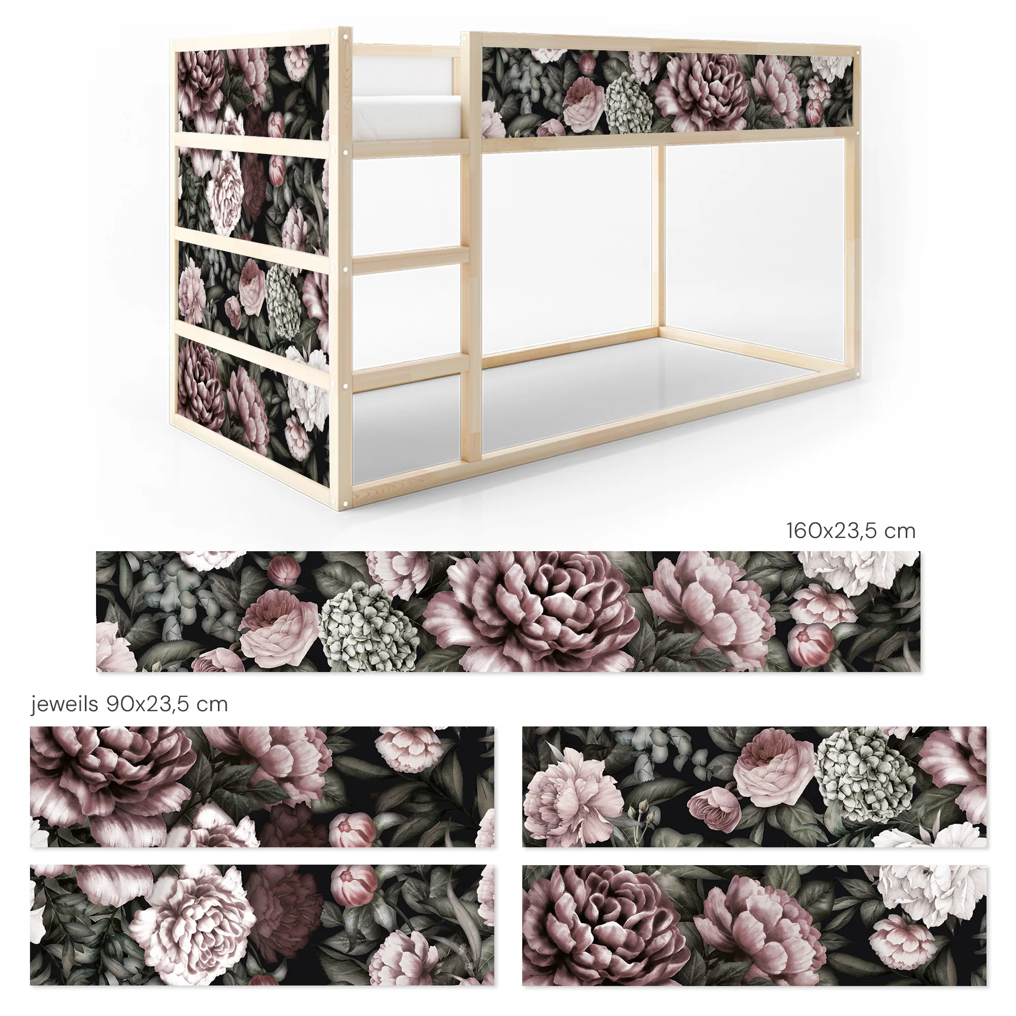 Bettaufkleber Set für IKEA Kura - Pfingstrosen Dunkel - Image 5