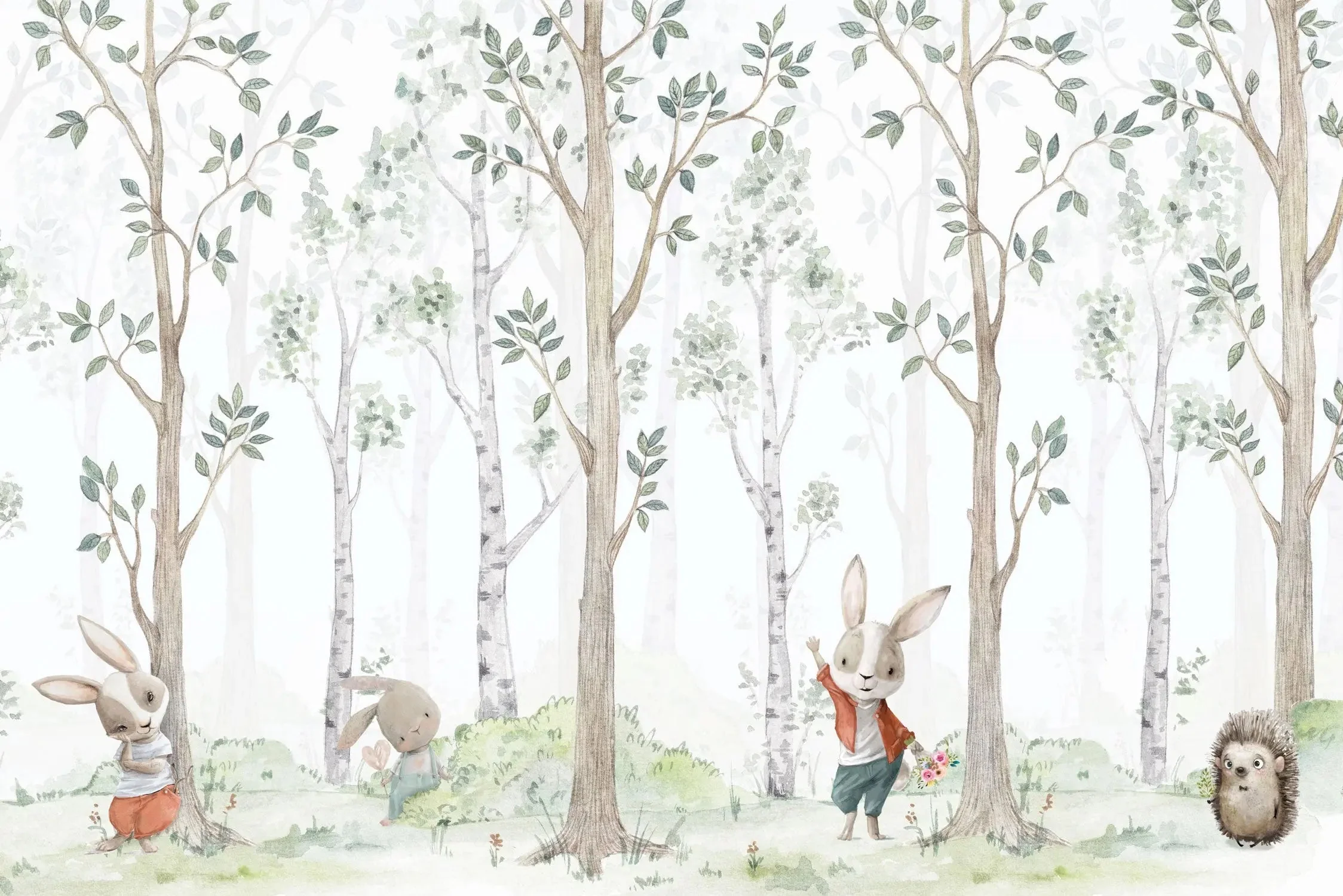Kindertapete Birken­wald Aquarell mit Hasen - Image 5